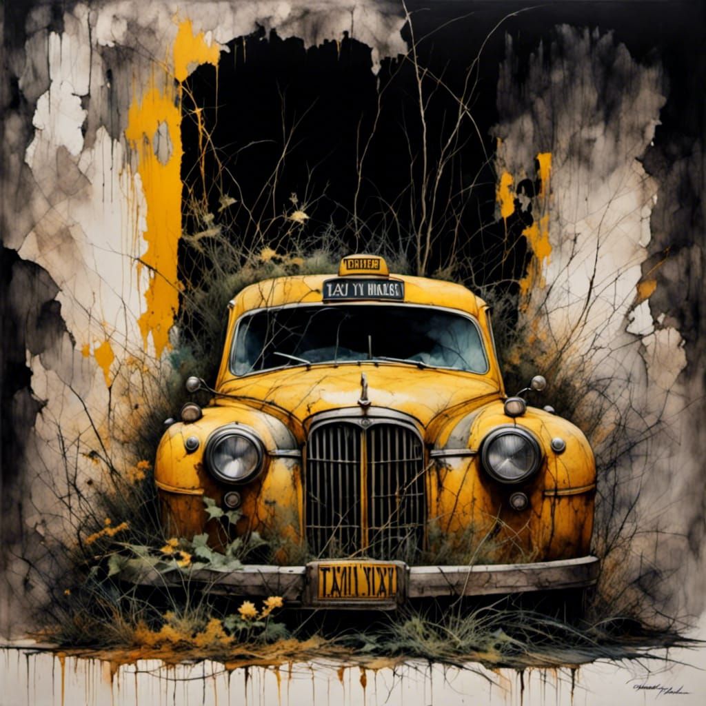 Worn Yellow Taxi Cab Among Weeds