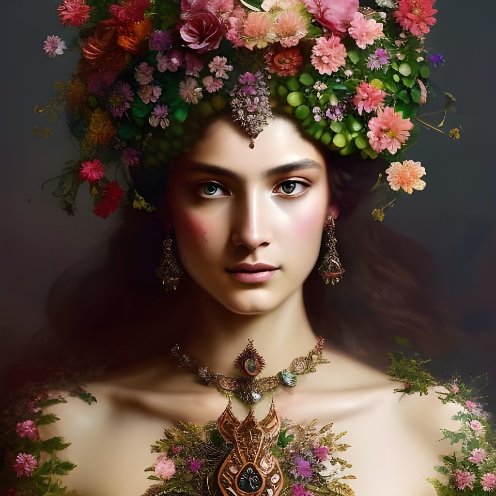 Elaborate Flower Warrior Goddess in Hyperdetailed Fantasy Ar...