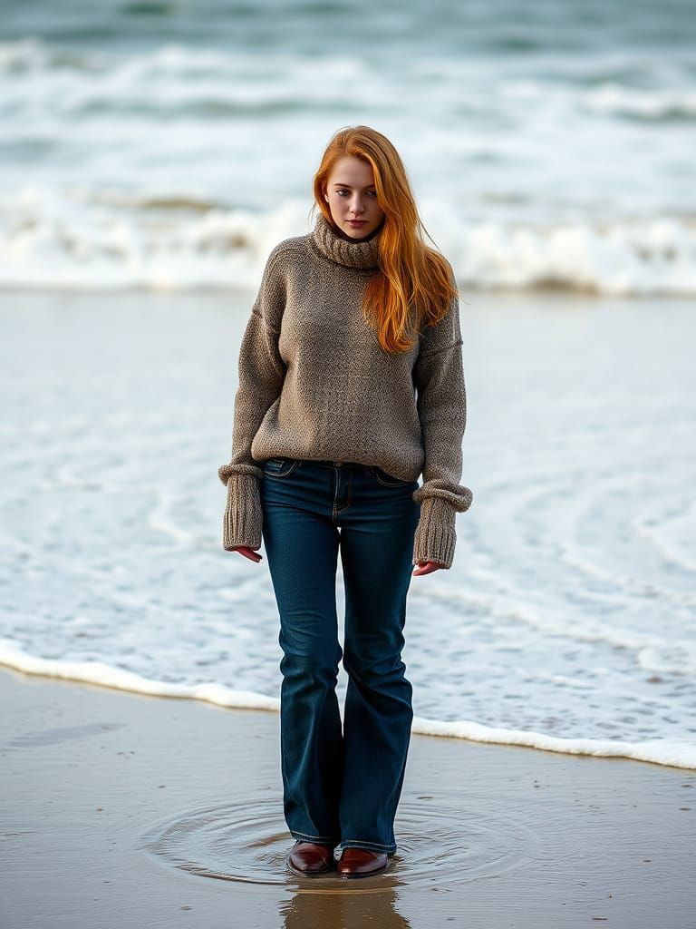 Scandinavian Woman Stands on Beach, Surrounded by Surf