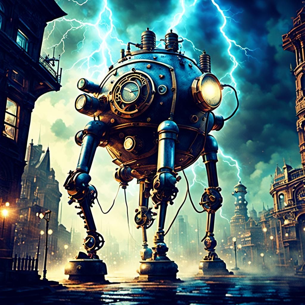 Steampunk City with Mechanical Legs in Retro Style