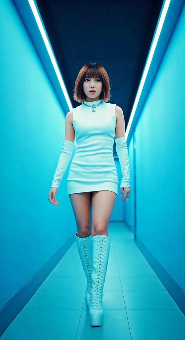 Japanese woman in minidress and knee-high boots