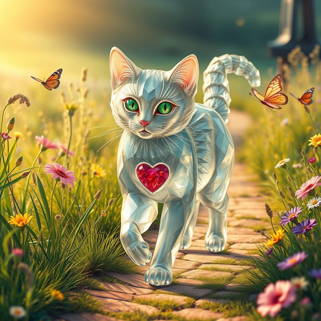 Crystal Glass Cat in Whimsical Fantasy Landscape