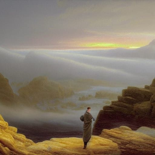 Contemplative Figure Overlooking Foggy Landscape as Oil Pain...