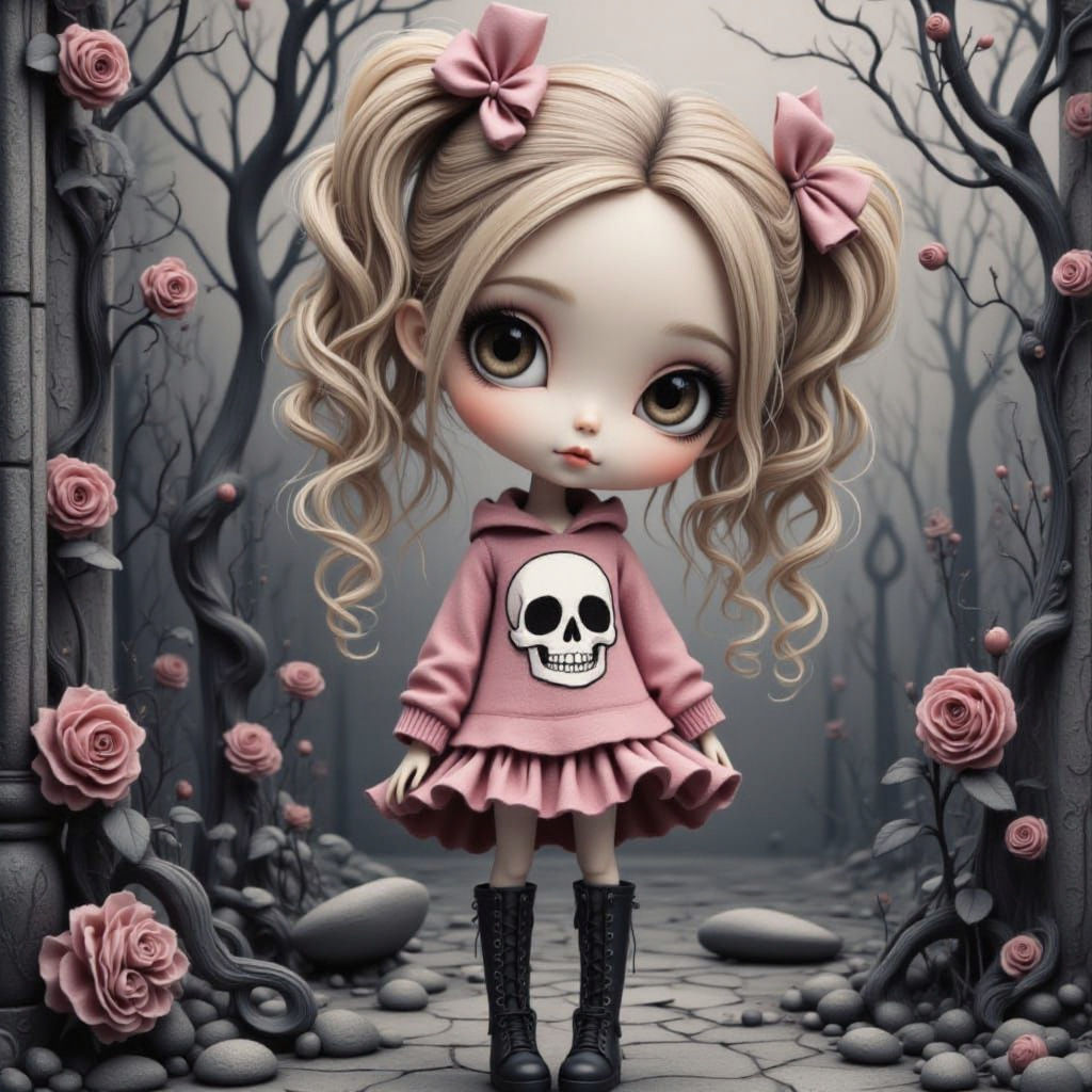 Chibi Doll with Black Roses in Burton Style