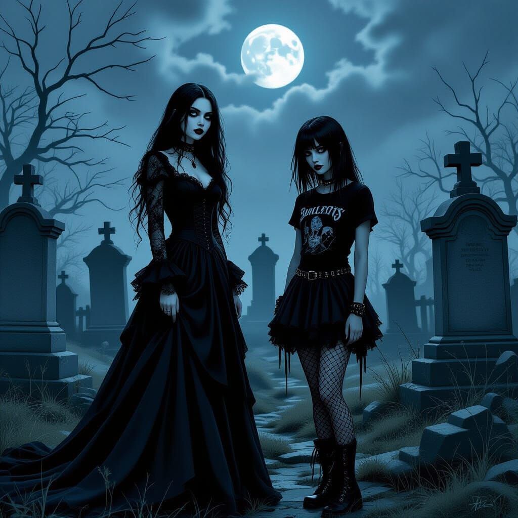 Gothic and Emo Girls in Twilight Cemetery