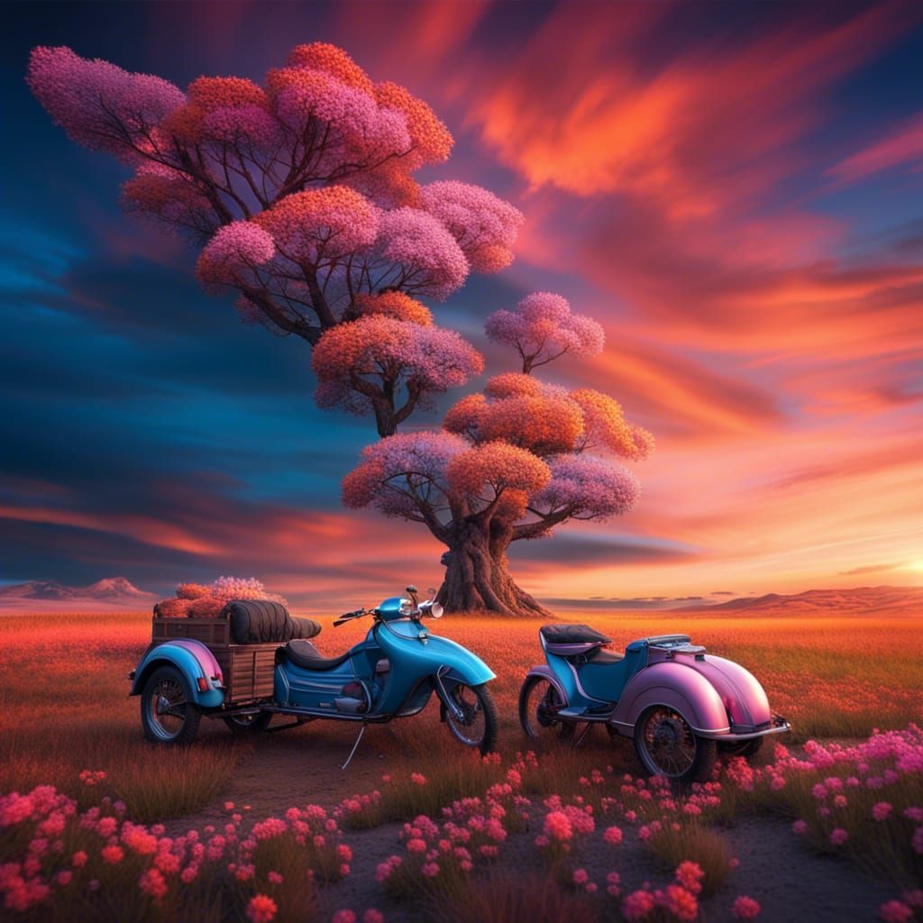 Hyperrealistic Flowery Plain Under a Colorful Sky
