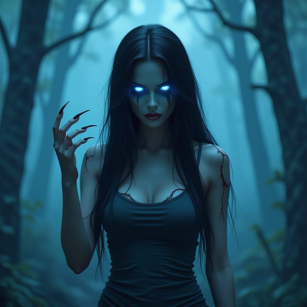 Scary Female Ghost with Glowing Eyes in Dark Forest