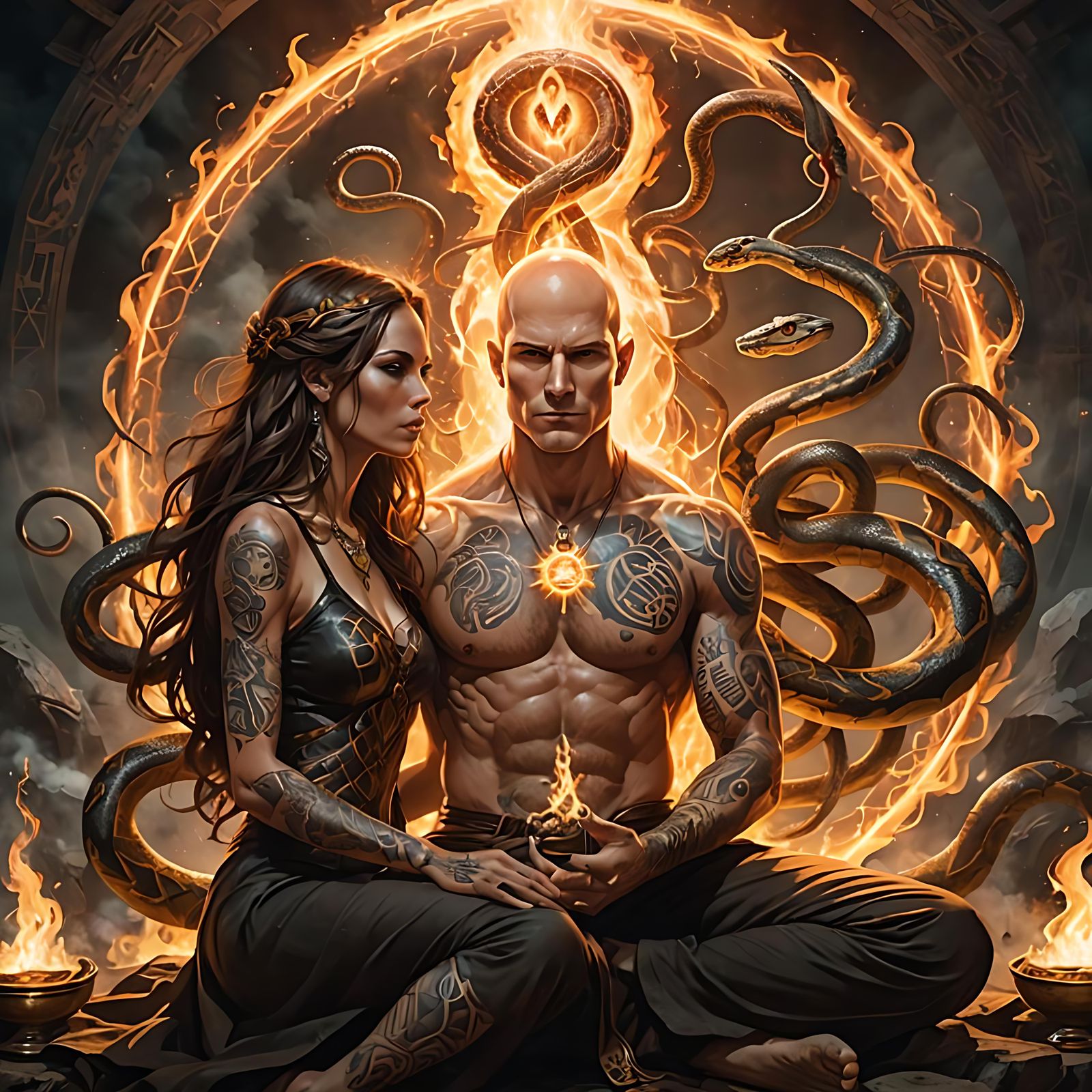 Wizard and Tattooed Woman Practicing Alchemy