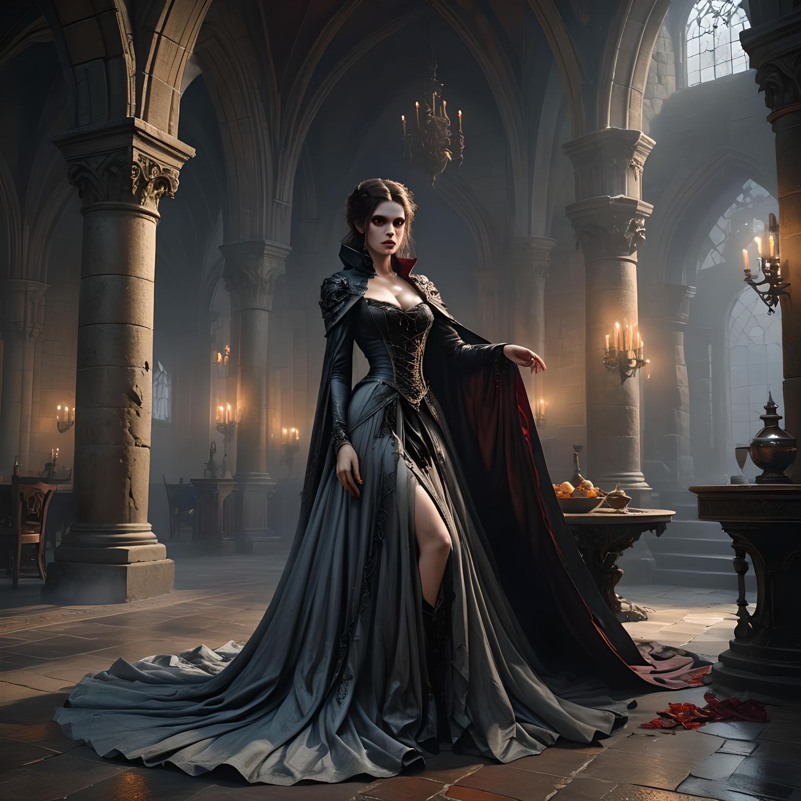 Vampire Mistress in Misty Castle: Dark Fantasy Art