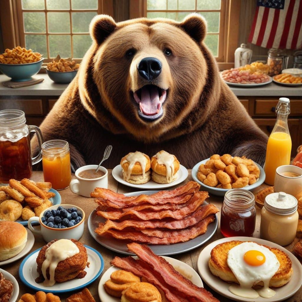 Hungry Kodiak Bear Indulges in Country Breakfast Delights