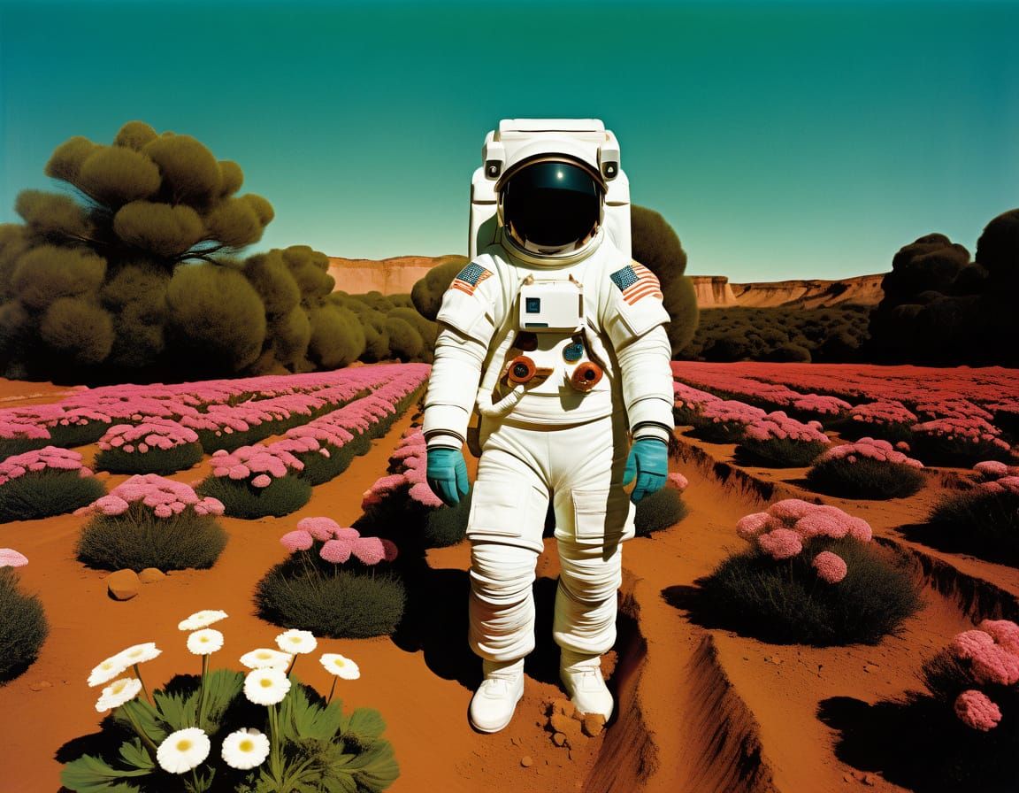 Astronaut Gardening on Mars in Mystical Style