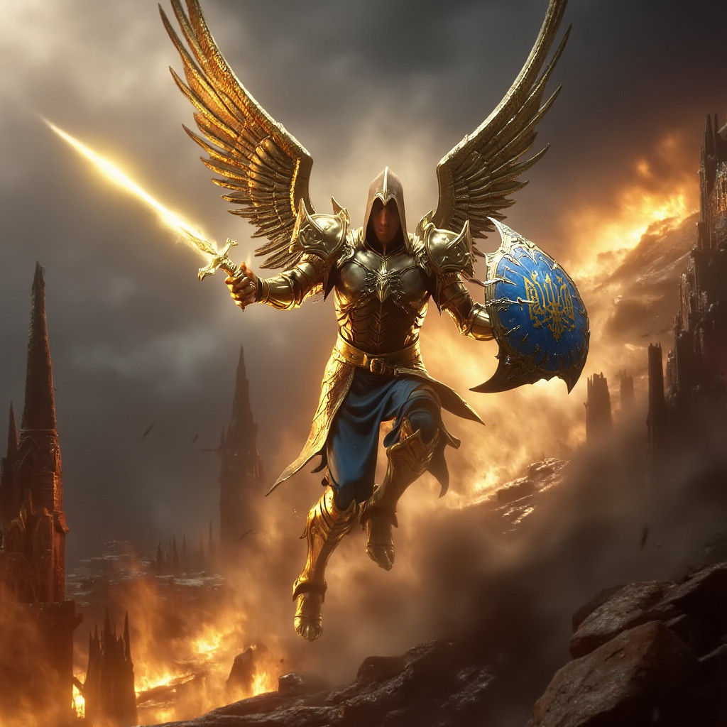 Archangel Michael in War-Torn Cityscape, Fantasy Art