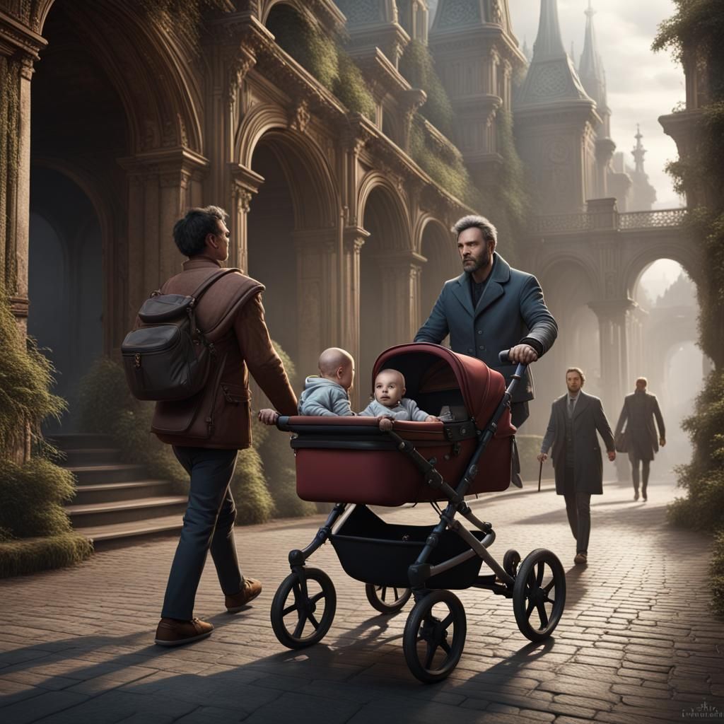 Babies Pushing Men in Strollers: Fantasy Concept Art