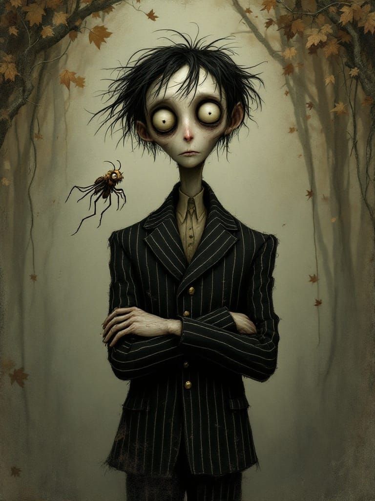 Melancholic Figure in Autumnal Setting, in Burton/Gorey Styl...