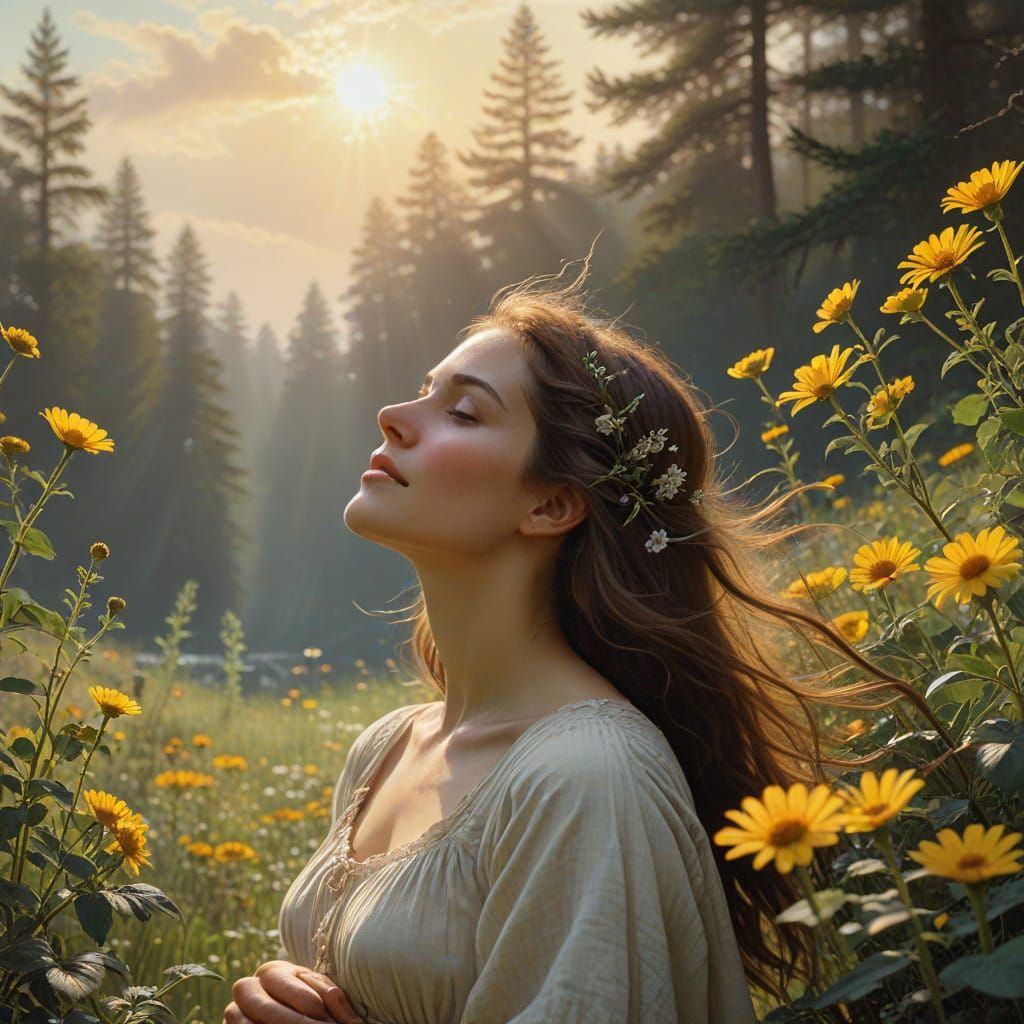 Serene Woman in Lush Greenery, Bathed in Warm Sunlight