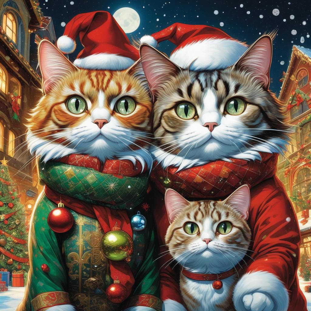 Christmas Cats Illustration in Mixed Artistic Styles