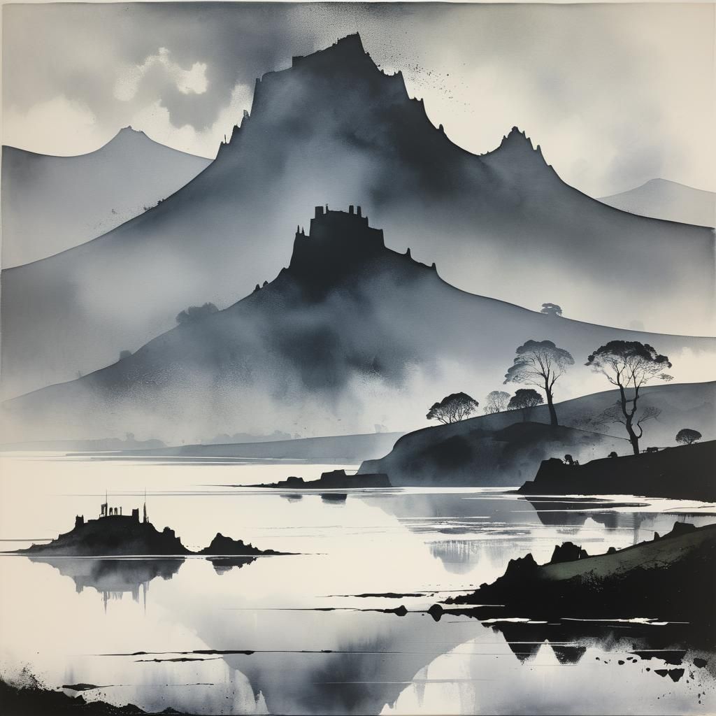 Monochrome Coastal Landscape Etching