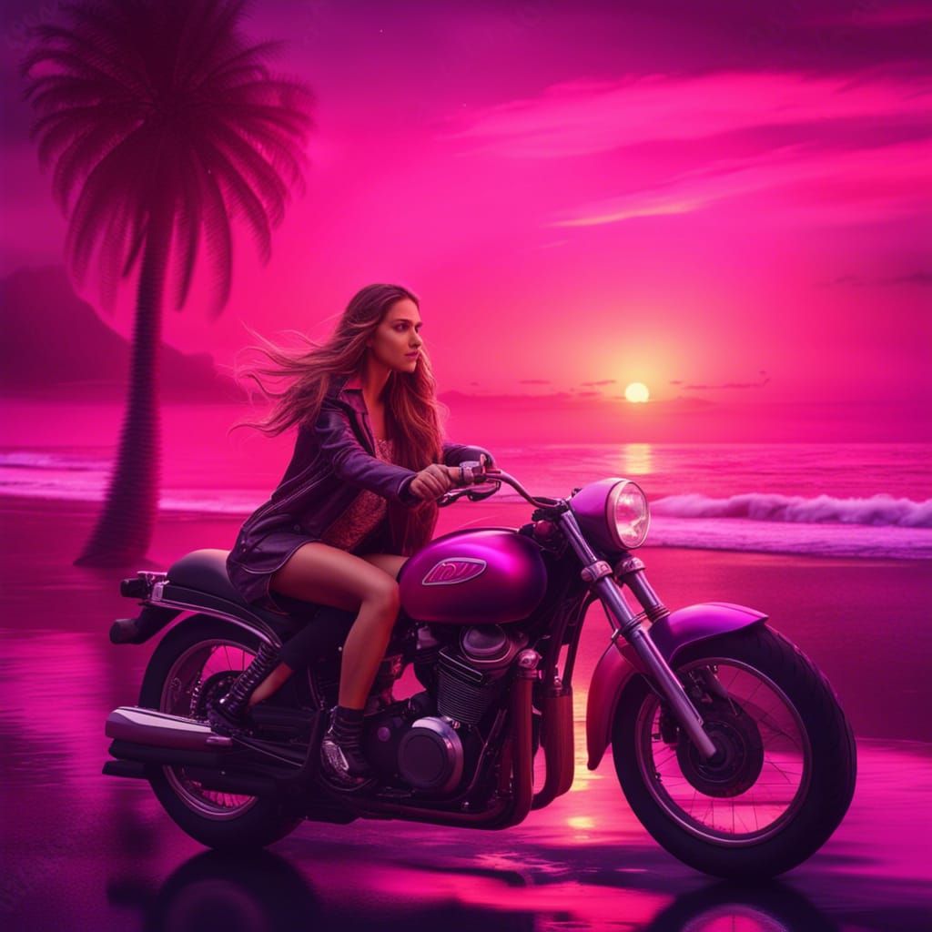 Woman Rides Motorcycle at Vivid Sunset: 8K Art