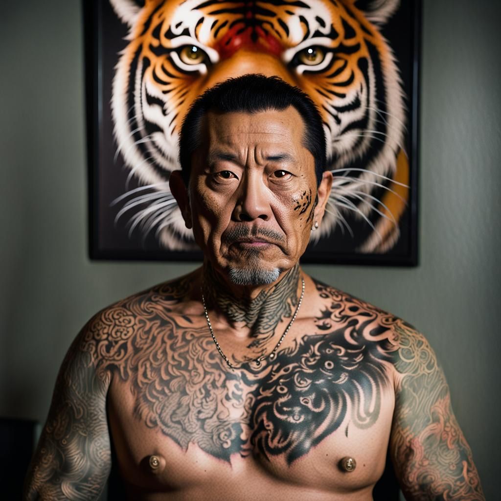 Sinister Asian Man with Yakuza Tattoo in Dark Office
