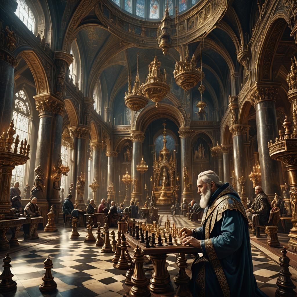Giant Bishop Plays Chess in Ornate Hall