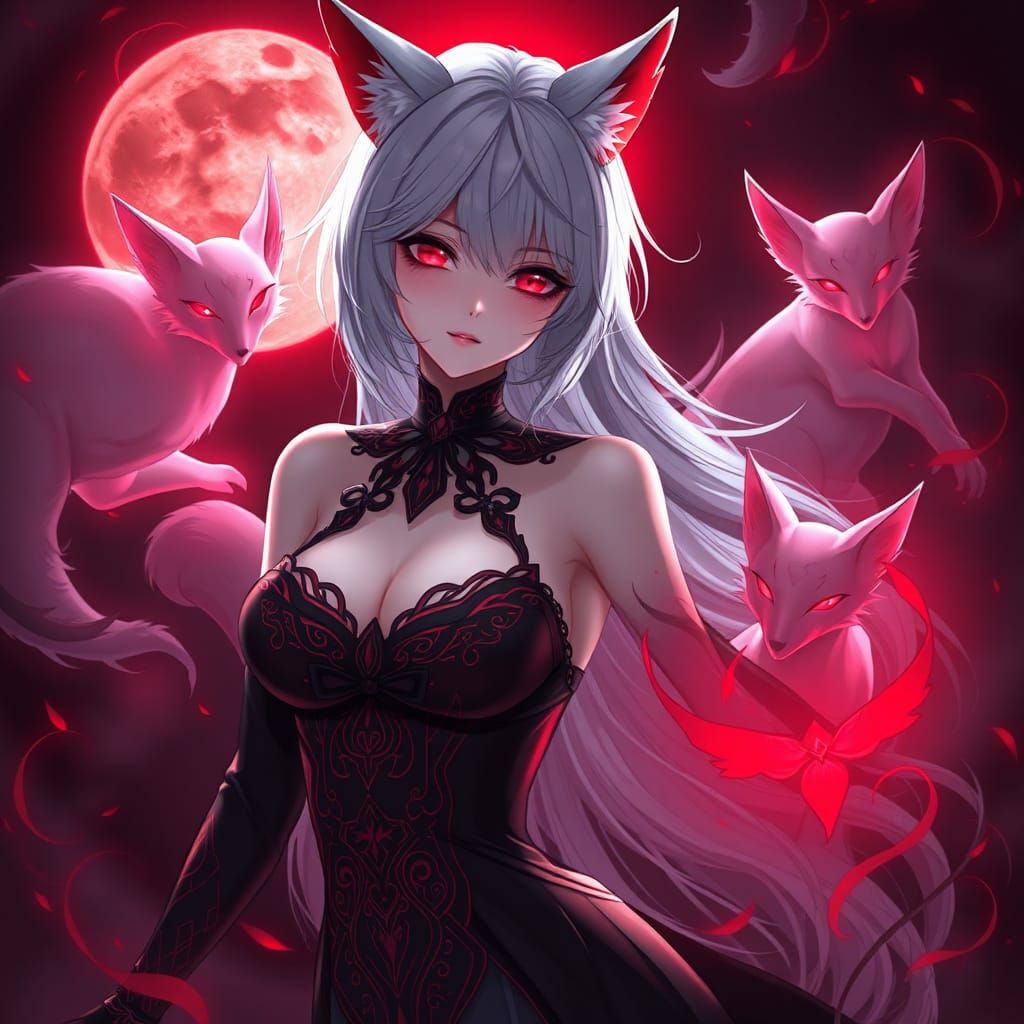 Mystical Cat-Eared Woman in Crimson and Black