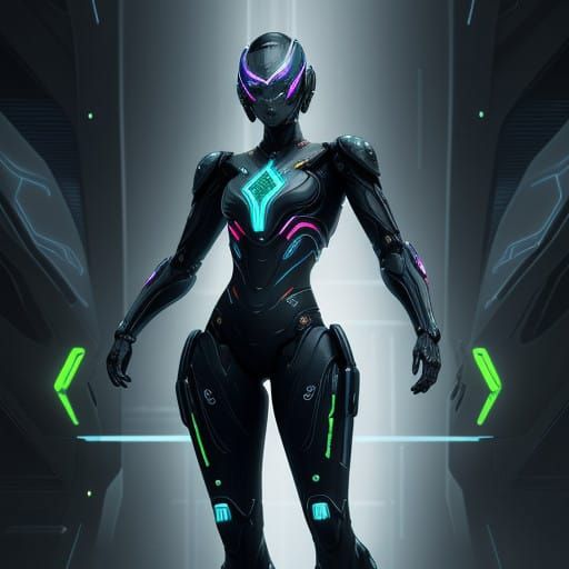 Cyberpunk-Style Full-Body Exosuit with Holographic Displays....