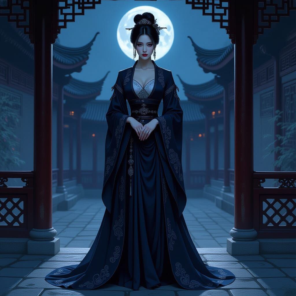 Gothic Chinese Woman in Ancient Courtyard Oil Painting