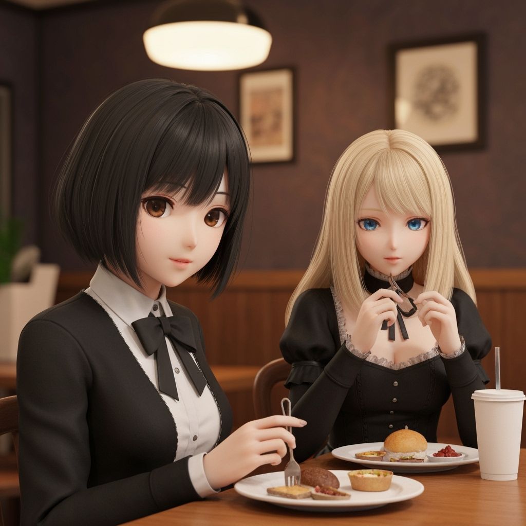 Anime Cafe Lunch Scene with Gothic Girl, Photorealistic