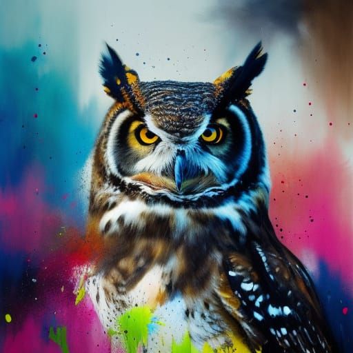 Radiant Great Horned Owl with Paint Splashes