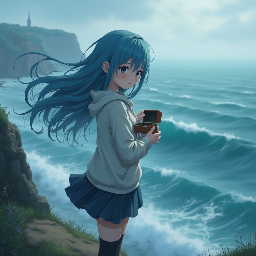 Melancholic Anime Girl Above Stormy Sea