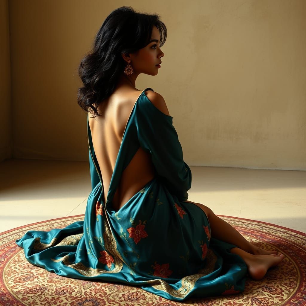 Elegant Brazilian Woman in Golden Embroidered Silk Robe