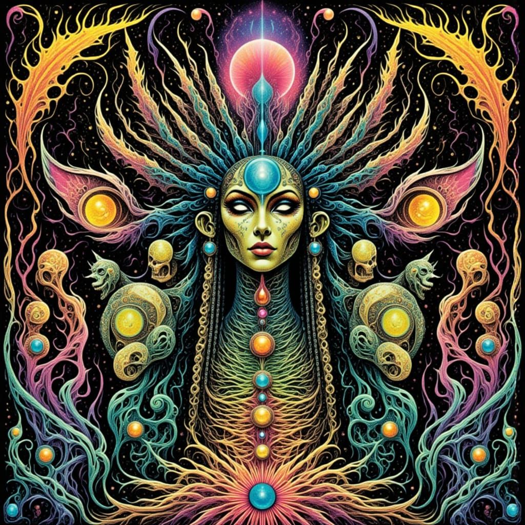 Surreal Feline Metamorphosis in Psychedelic Metal Style