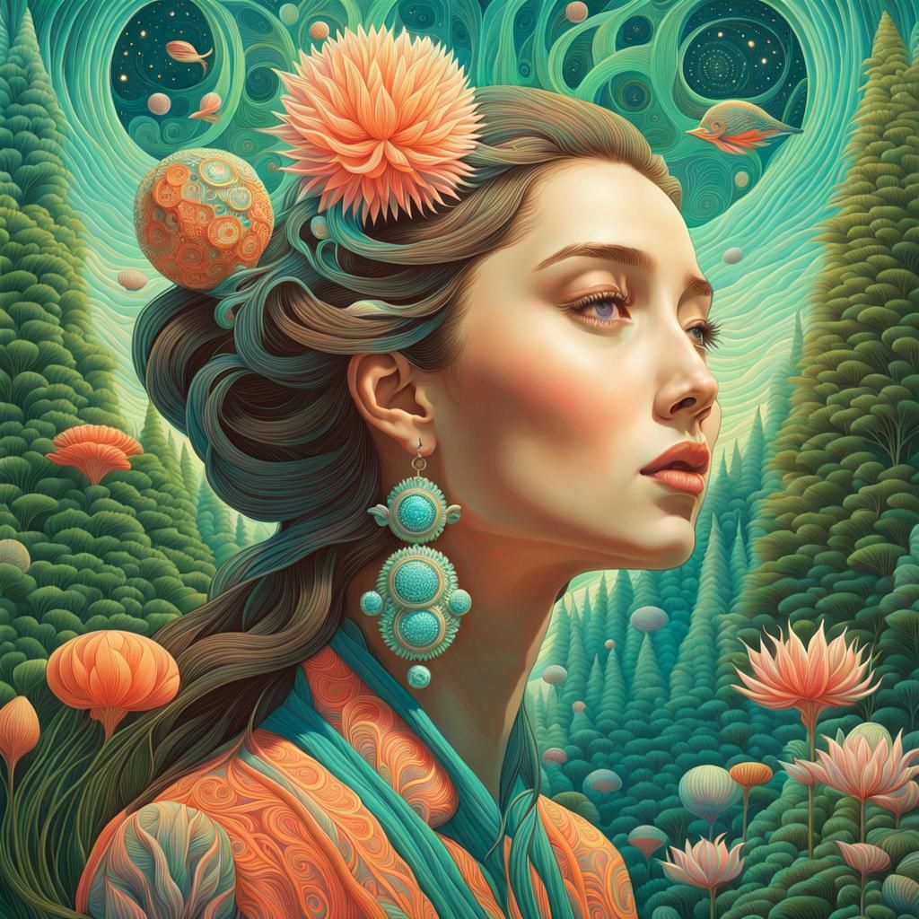 Woman Floats in Surreal Bioluminescent Forest, Digital Art