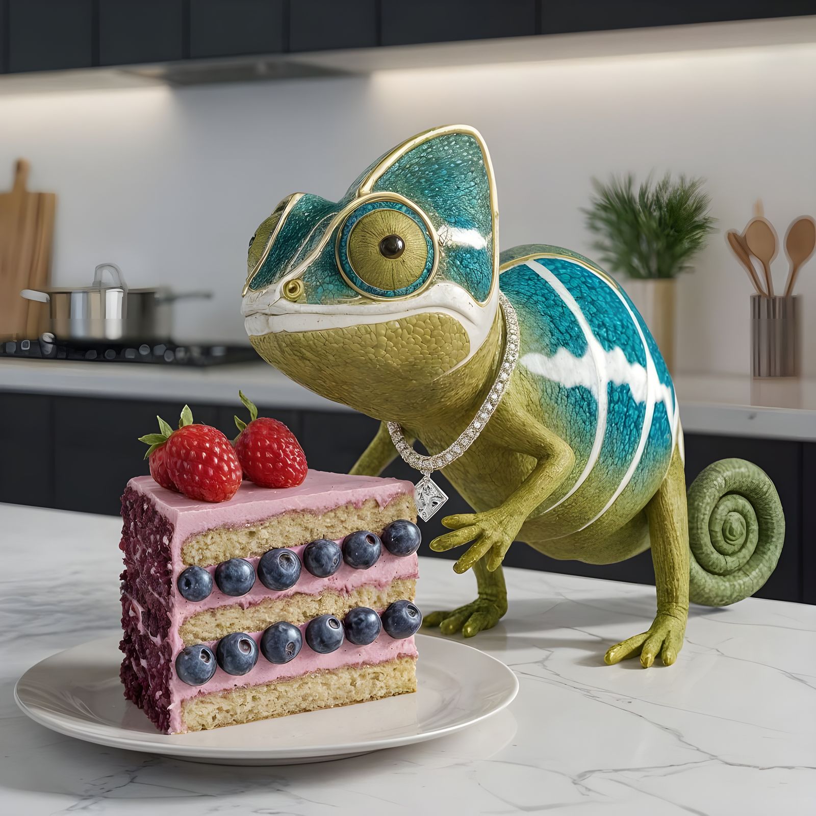 Cute Kameleon Pet Savoring Birthday Cake in Modern Kitchen