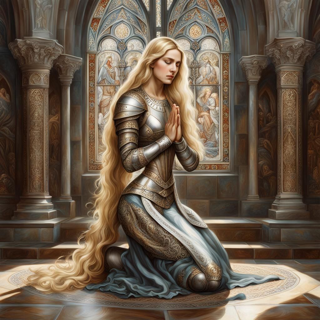 Woman in Ornate Armor Praying, Pre-Raphaelite Style