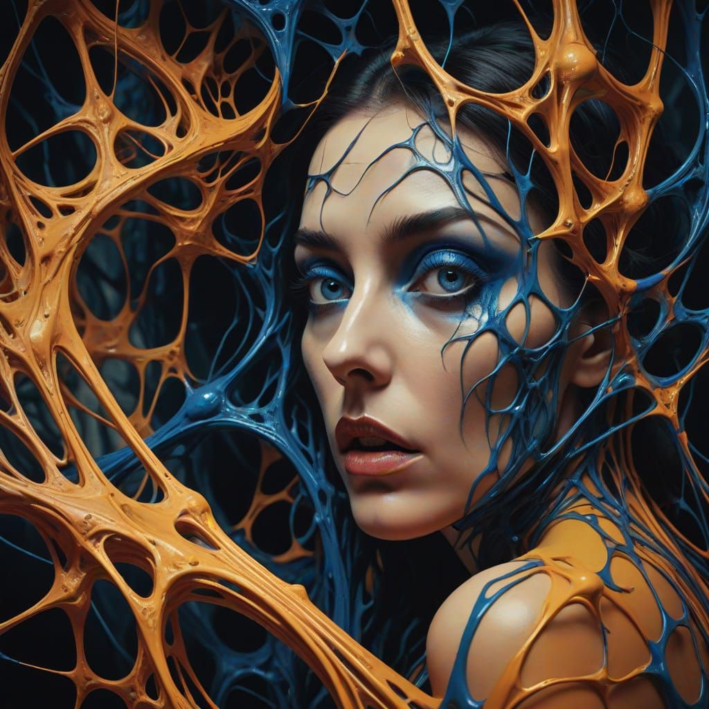 Surreal Woman Ensnared in a Web of Dark, Electric Blue Shape...
