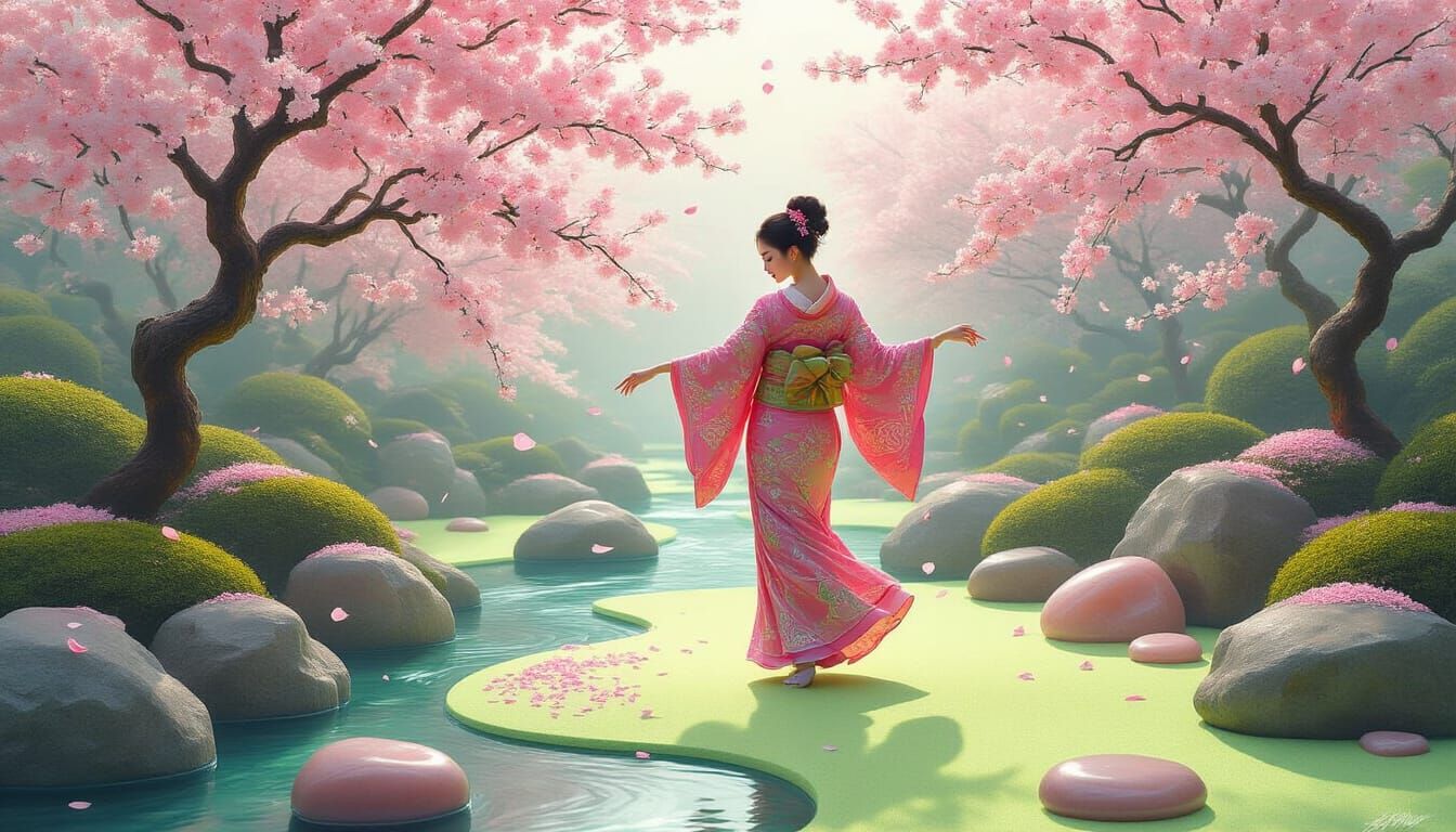 Woman in Pink Kimono Dances in Surreal Zen Garden