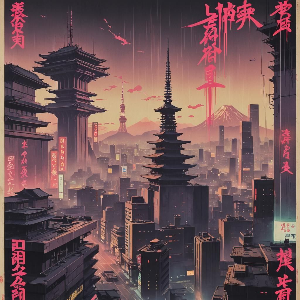 Brutalist Japanese Propaganda Poster in Cyberpunk Style