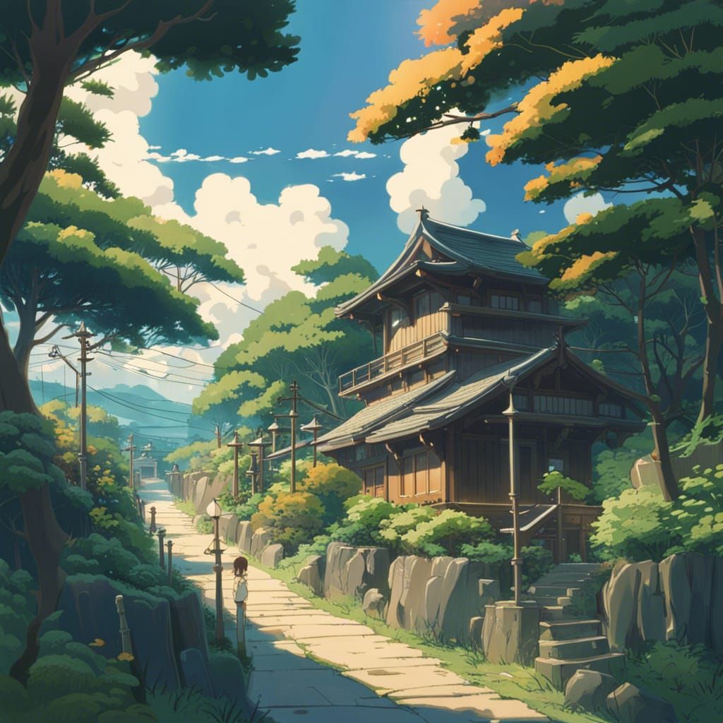 Ghibli-Style Japanese Landscape in Deep Color
