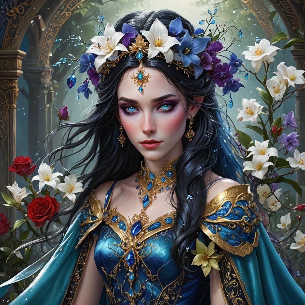 Elven Woman with Sapphire Eyes in Fantasy Landscape
