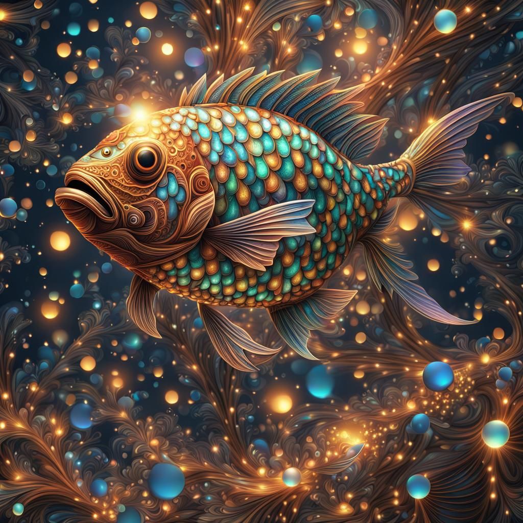 Abstract Fractal Fish with Zentangle and 3D Shading