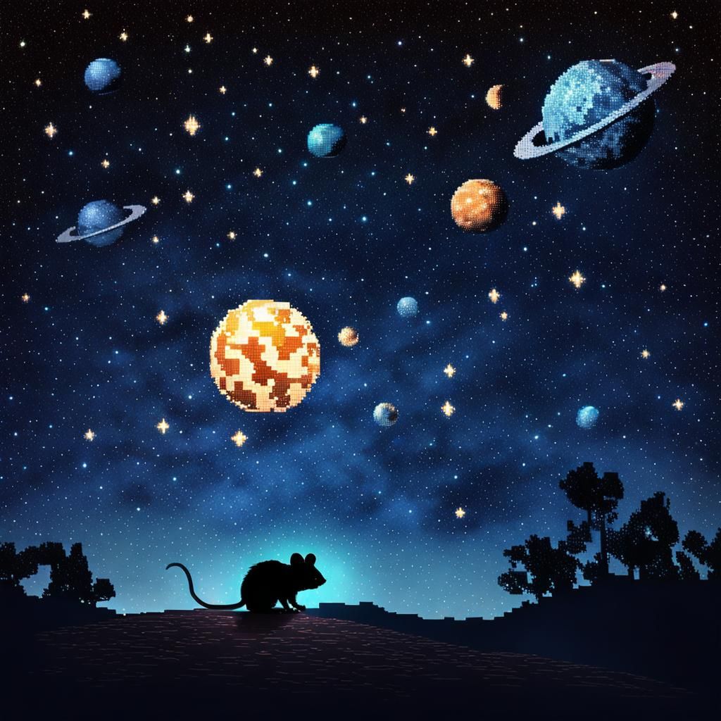 Pixelated Mouse Silhouette in Starry Night Sky