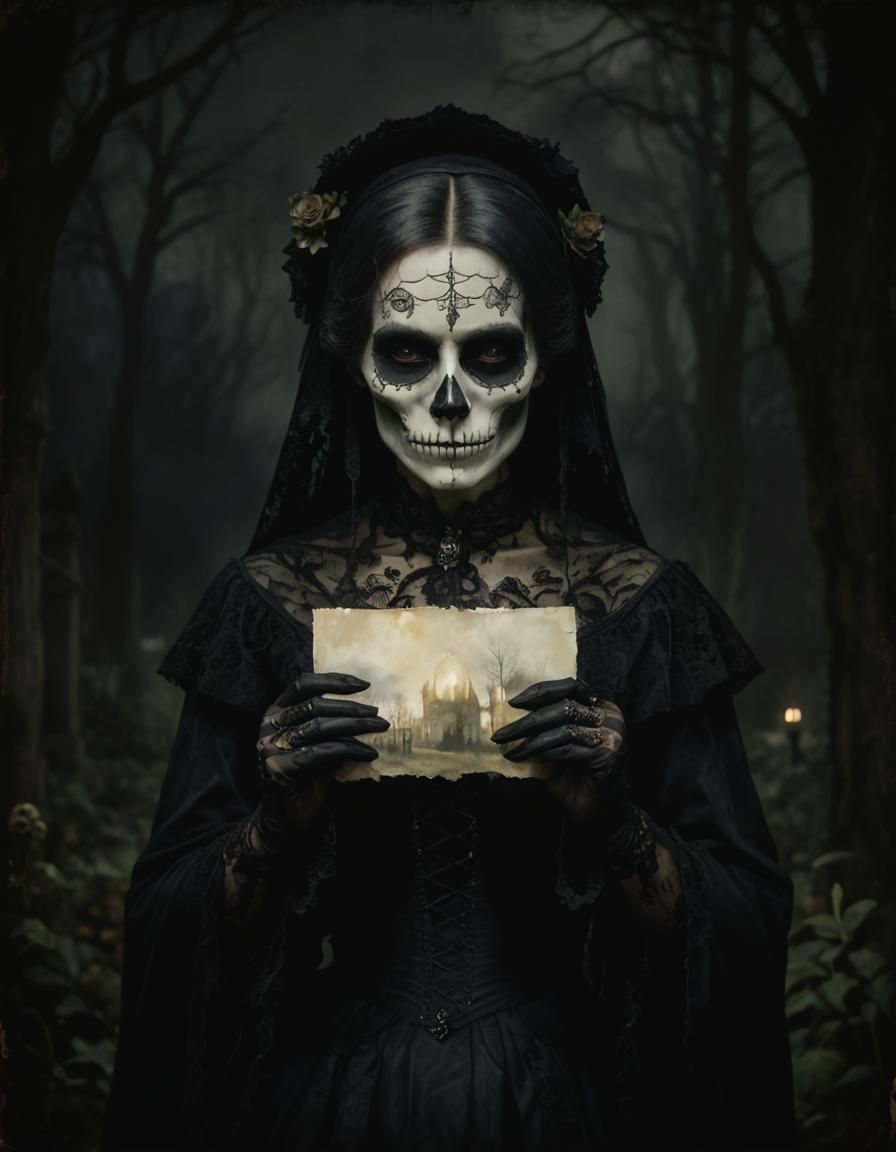 Gothic Watercolor Painting of Skull-Faced Widow