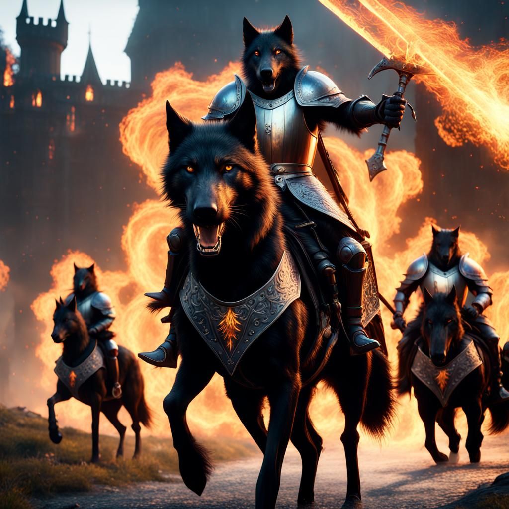 Black Wolves in Knight Armor with Flaming Swords