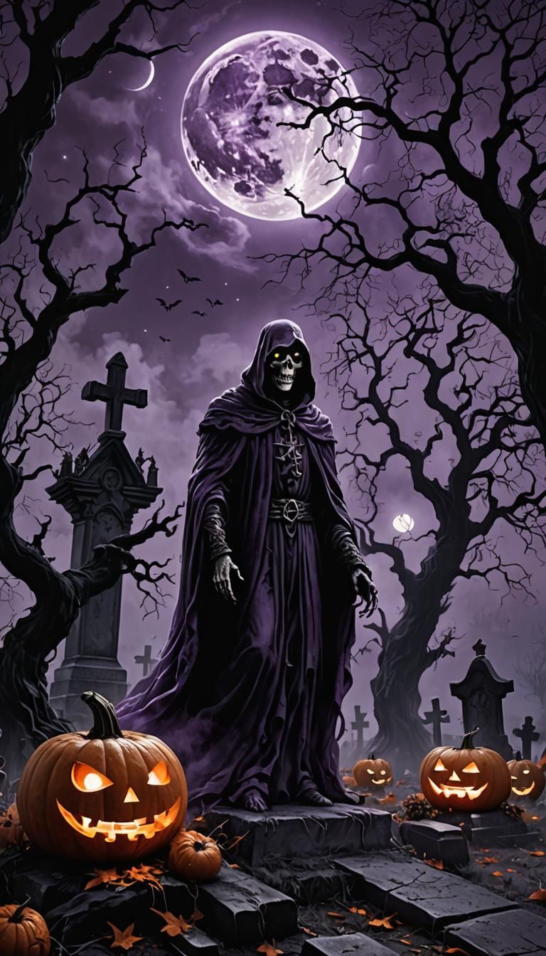 Graveyard Ghost and Pumpkin Under Full Moon in Gothic Art