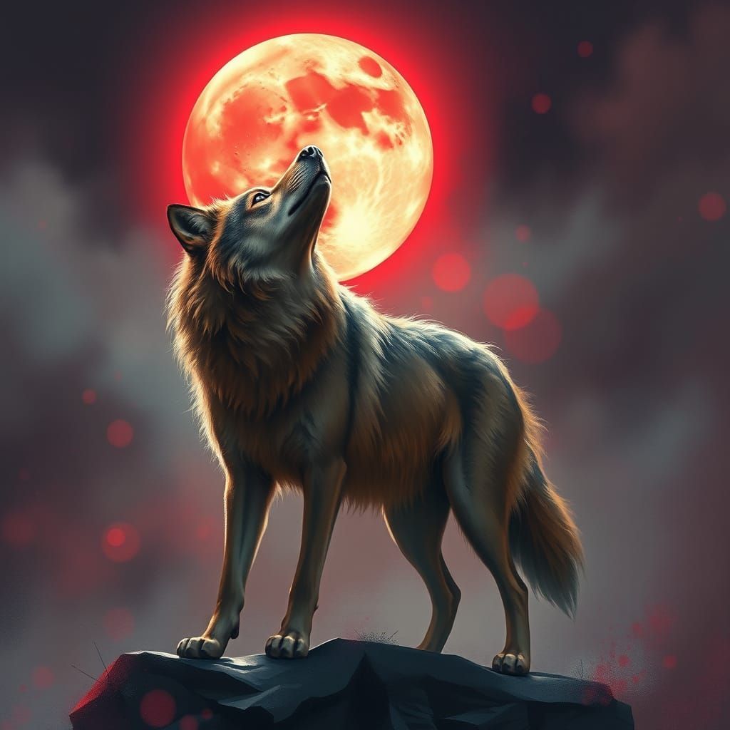 Wolf Howls Under Crimson Moon in Dreamlike Style