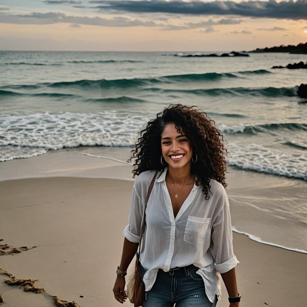 Sunset Beach Walk: Boricua Model in Silk Dress