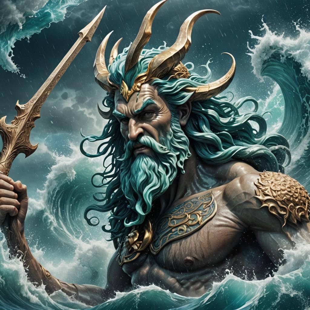 King Triton in Stormy Sea: Hyperrealistic Fantasy Art