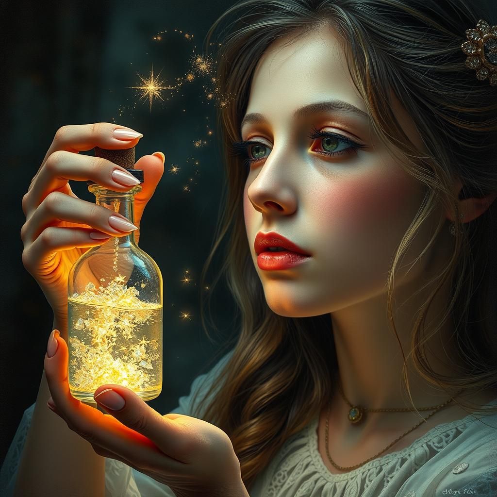 Woman Pours Shimmering Liquid into Her Mind