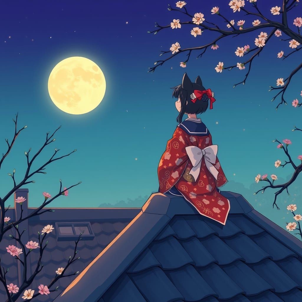 Anime Cat and Girl Gazing at Moon